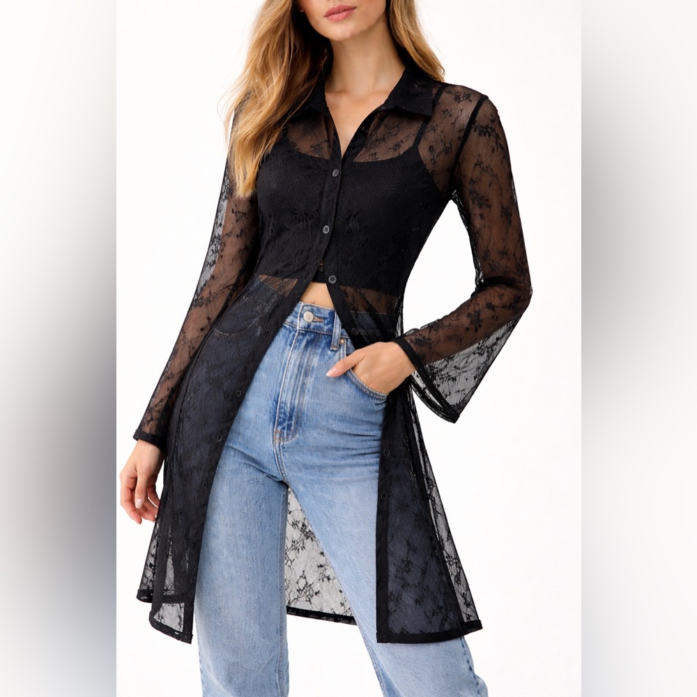 Vintage Sheer Black Floral Mesh Sparkle Duster Top with Bell Sleeves | XS/S - Picture 10 of 11